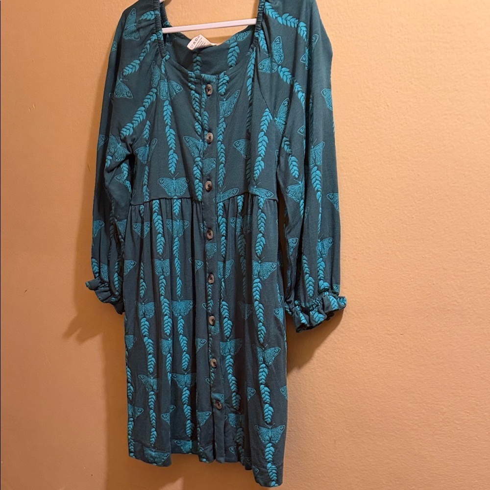 Kate quinn Teal Button-Front Dress with Blue Botanical Print